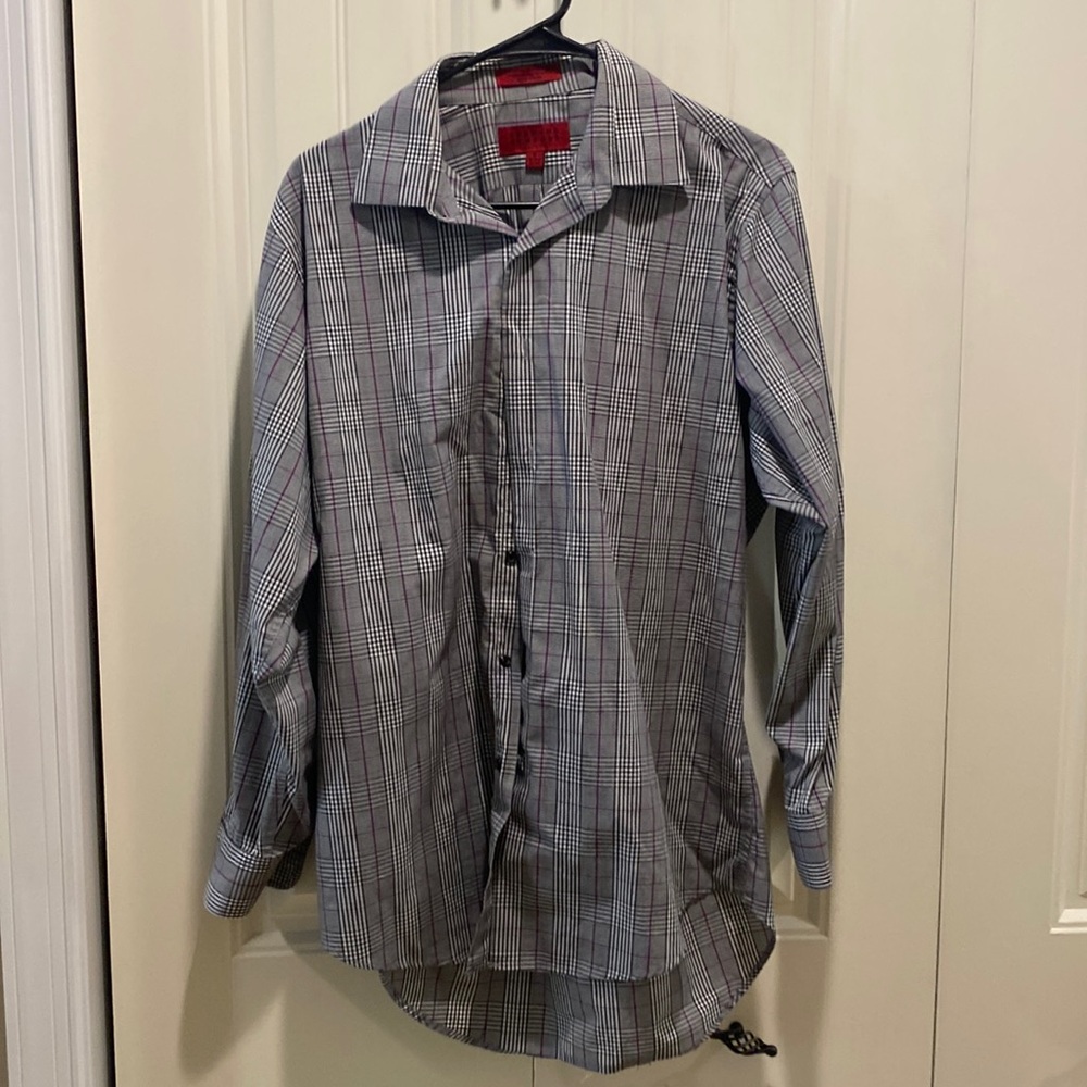 Plaid grey and mulberry collared shirt